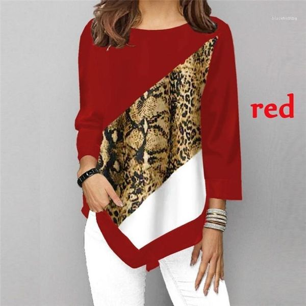 

new leopard pattern fashion contrast color irregular long sleeves crew neck tshirt womens designer stitching tshirt, White