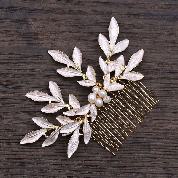

hair clips & barrettes romantic pearl beads leaf flower comb headpiece for bride bridal wedding crown women engagement jewelry accessories s, Golden;silver