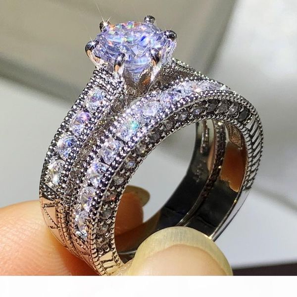 

vintage jewelry couple rings 14kt white gold fill round cut white z cz diamond gemstones party retro women wedding bridal ring set gift, Slivery;golden