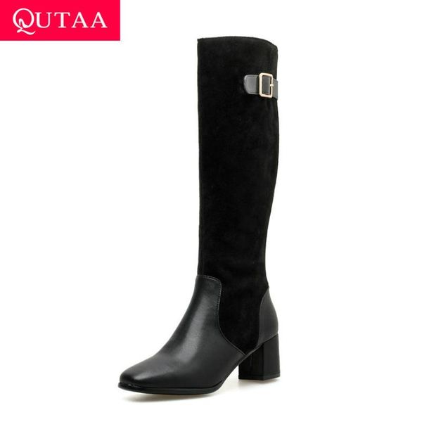 

qutaa 2020 retro square toe cow leather cow suede women shoes square high heel buckle zipper fashion knee high boots size 34-39, Black