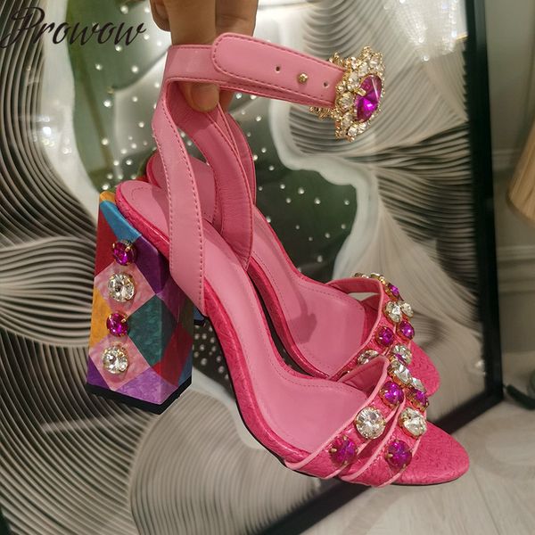 

prowow new chick design jewel crystal emblishment summer sandals open toe diamond ankle strap block heel sandals shoes women, Black