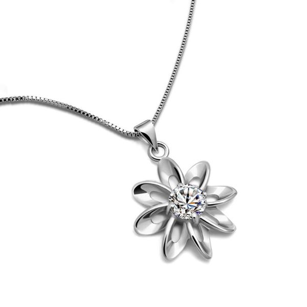 

classic tricolor zircon flower pendant necklace women's 925 sterling silver necklace girl box pattern chain jewelry accessories