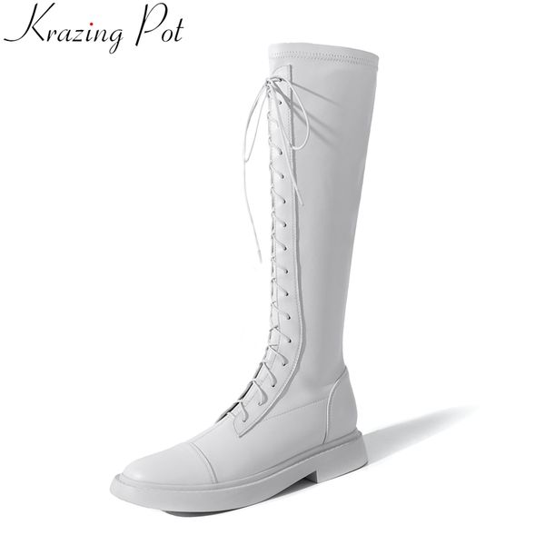 

krazing пот 2020 коровы кожа эластичная ткань платья низкие каблуки зимние ботинки высокие сапоги на платформе молнии колено высокие сапоги, Black