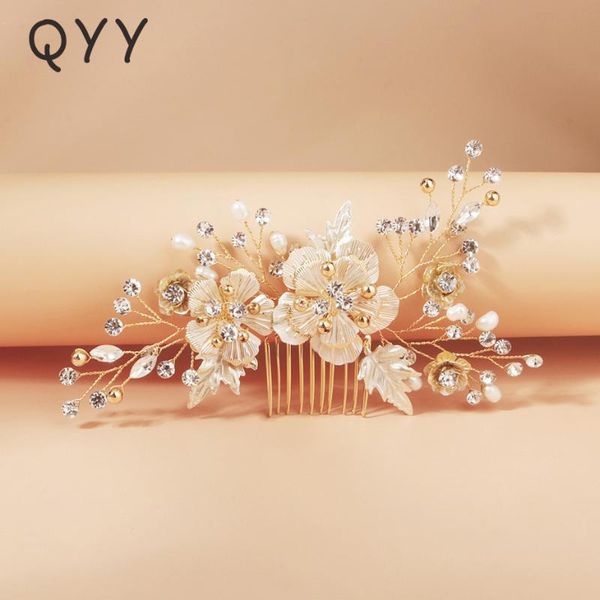 

qyy fashion bridal wedding accessories crystal flower hair comb clips for women gold color hair jewelry bride headpiece gifts, Golden;silver