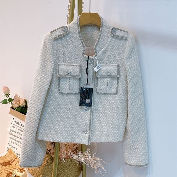 

crop white tweed jacket 2020 autumn winter stand collar single breasted women's wool jacket and coat overcoat clothes, Black;brown