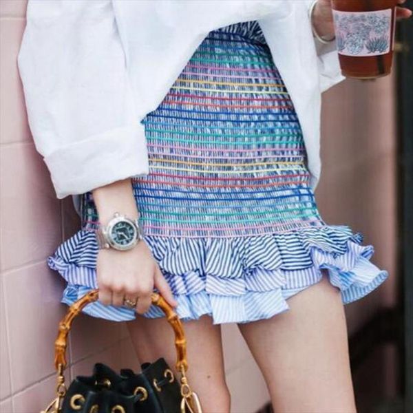 

laamei women fashion flower print mini skirts elastic waist tiered ruffle short skirt high empire boho vintage 2020 new brand, Black