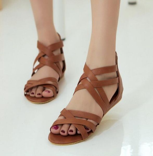 

женская поддельный кожа ремни вернуться zipper низкий каблук сандалии женские 4 цвета обувь, Black