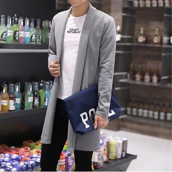 

new 2020 long style jacket men turn-down collar solid autumn knitted coat male fashion slim open stitch casual trench manteau, Tan;black