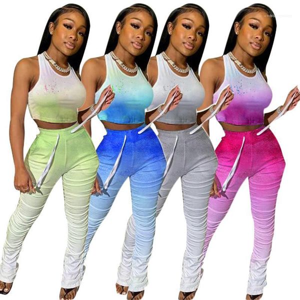 

summer womens designer tracksuits scoop neck sleeve short tees with long pants womens stacked pants matching sets gradient pleated slim, Gray