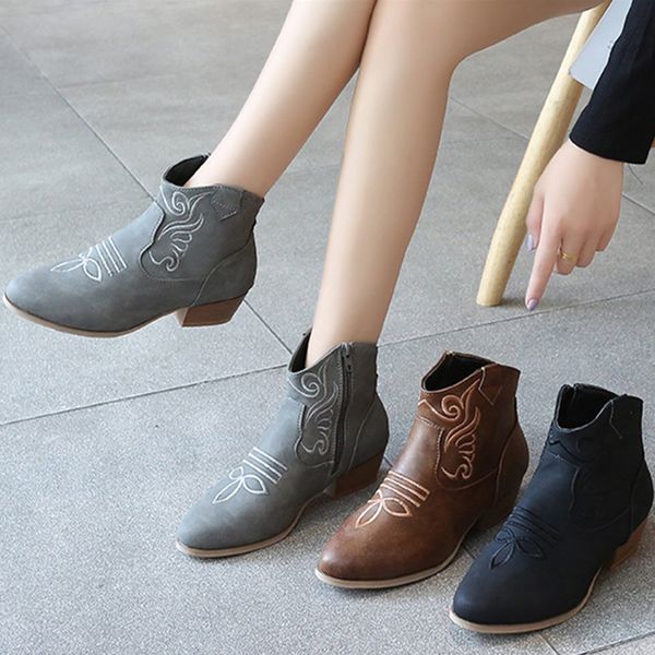 

women ankle boots embroidered autumn women's low heels woman casual zip leather footwear ladies pump female shoes plus size 43, Black