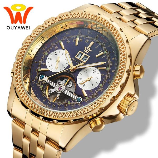

ouyawei automatic day date watch men mechanical clock luxury gold waterproof male wrist watches man relogio masculino, Slivery;brown