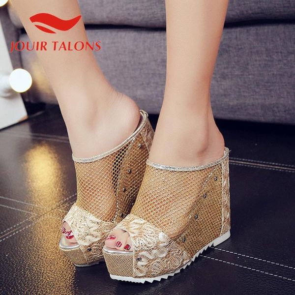 

jouir talons brand design women slippers high wedges peep toe rivet med platform summer outside women slides, Black