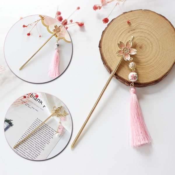 

girls fashion hairwear jewelry hairpin hair clip pink cherry blossom flower stamen tassels pearl hair sticks accessories, Golden;silver