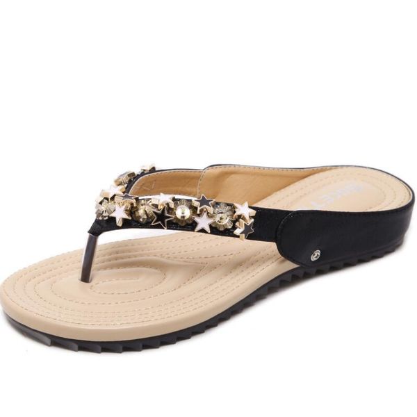 

2020 new korean sandals bohemian beaded soft-soled slippers comfortable flats beach shoes flip n101, Black