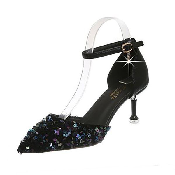 

women sandals woman mid shoes female crystal pointed toe ladies thin heels bling women's buckle pumps elegant fashion 2020 new, Black