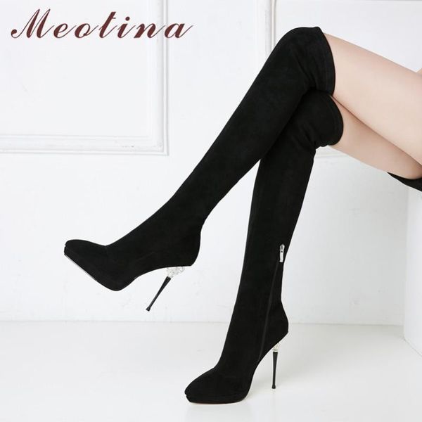 

boots meotina winter thigh high women slim stretch thin heel over the knee zip extreme shoes lady autumn 39, Black