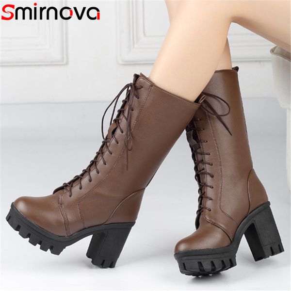 

smirnova 2020 mid calf boots women round toe lace up autumn winter high heel platform boots ladies shoes big size, Black