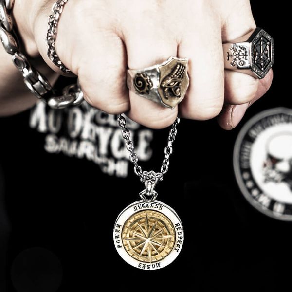 

personality compass rotating pendant necklace titanium steel hip hop retro chain long style men's jewelry necklace ing, Silver
