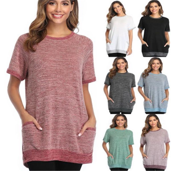 

patchwork color pocket women t-shirt fashion casual crew neck short sleeve pullover sweatshirt designer new female summer tee clothing, White