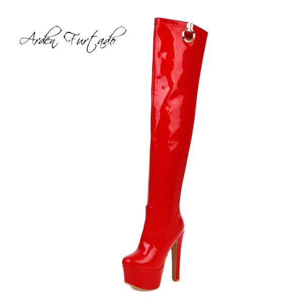 

arden furtado fashion women's shoes winter stilettos heels zipper platform over the knee thigh high boots red white booties 48, Black