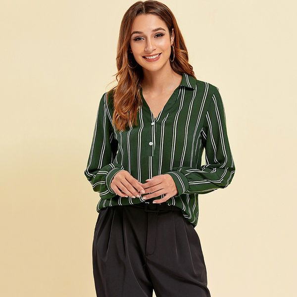 

green vertical striped v neck loose womens blouse front button long sleeves spring autumn ladies blouses, White