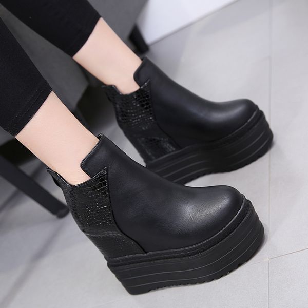 

12.5cm autumn women shoes wedges heel platform ankle boots, Black