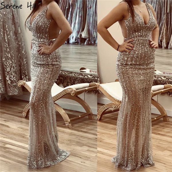 

silver luxury deep-v prom dresses 2020 backless sequined diamond mermaid party gowns serene hill bla70228, White;black