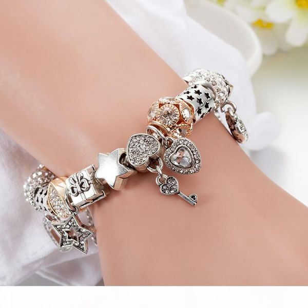 

925 silver plated heart-shaped charms and key pendant bracelet for designer charm bracelets gift jewelry, Golden;silver