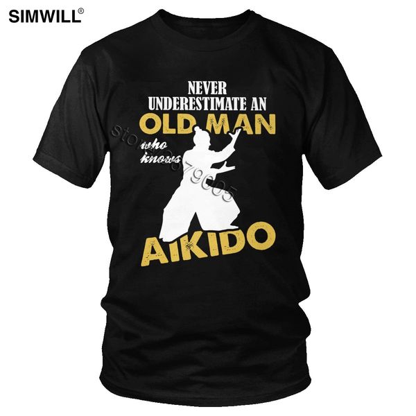 

never underestimate an old man who knows aikido t shirt for men cotton tee short sleeved o-neck t-shirt print regular fit tshirt