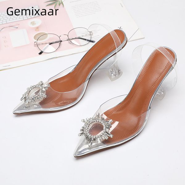

transparent pvc clear crystal high heels women goblet heel pointed toe diamond sunflower buckle decor sandals women, Black