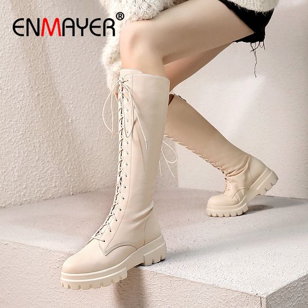 

enmayer 2020 genuine leather winter boots women lace-up knee high boots round toe motorcycle cool womens shoes size 34-42, Black