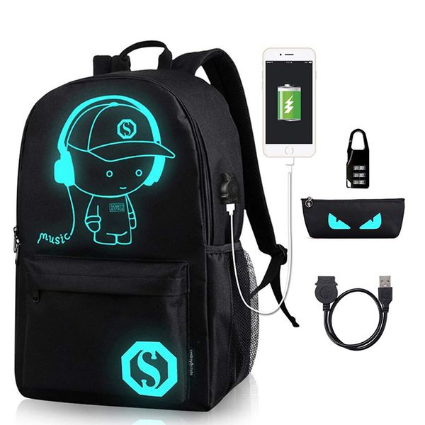 

fashion anime luminous school backpack usb charge lapbackpack with usb charging port ,anti theft lock and pencil case