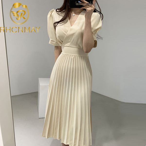 

2020 summer chiffon korean a-line pleated long dress women short sleeve v-neck belted fashion office elegant ladies vestidos, Black;gray