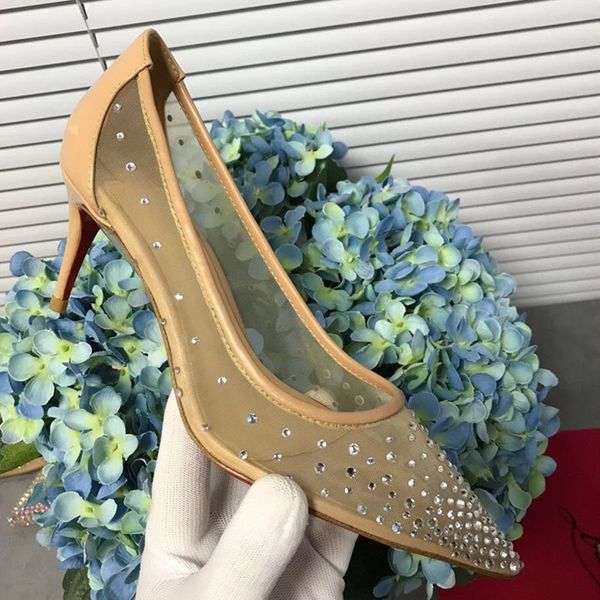 

pointed toe women shoes air mesh gauze rhinestones spike high thin heels pointed female single shoe, Black