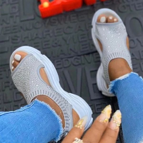 

summer woman sandals crystal peep toe casual wedge shoes platform ladies rhinestone slip on women comfort fashion plus size, Black