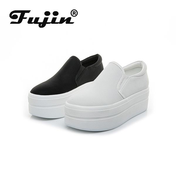 

fujin women's canvas shoes breathable round toe fashion breathable casual shoes four season thick flat platform slip women, Black