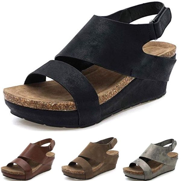 

women sandles stylish comfortable platformed wedges open toe adjustable ankle roman female summer sandals shoes, Black