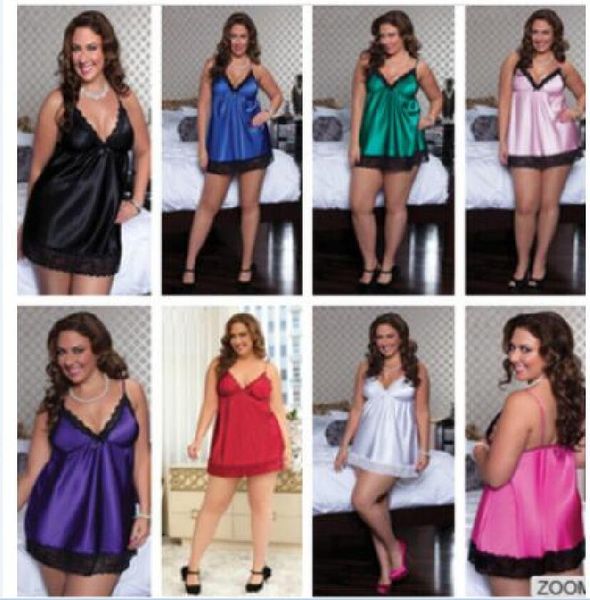 Melhor vender Sexy V-Neck Lingerie Noite vestido sem mangas das senhoras de cetim Nightgown Plus Size ver através Lace Pijamas Roupa de Noite Para as mulheres