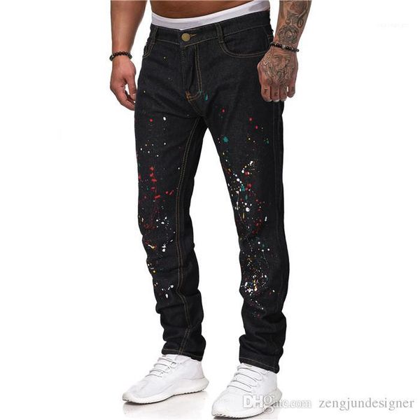 

ink painted fashion designer summer button zipper fly tennager casual apparel homme clothing mens jeans pants, Blue