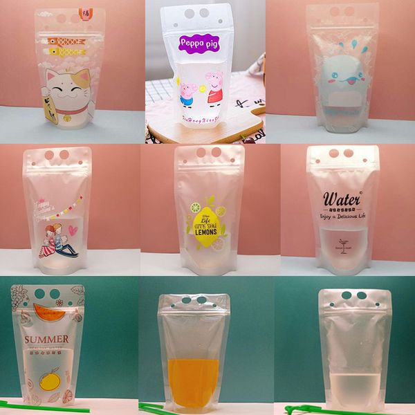 

drink pouches bags zipper stand-up plastic pattern drinking bag with straw with holder reclosable heat-proof 17oz 500ml express shipping