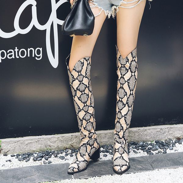 

women toe over the knee boots snake print ladies autumn winter high heels thigh high boots botas mujer patent leather, Black
