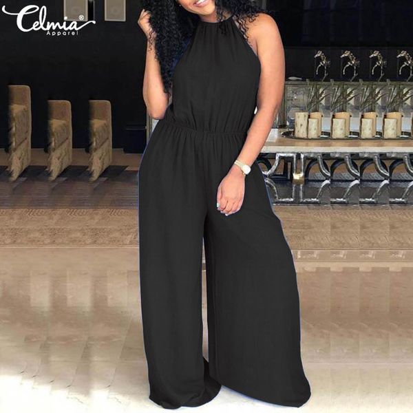 

celmia plus size long overalls 2020 summer women sleeveless jumpsuits elastic waist halter rompers casual wide leg trousers, Black;white