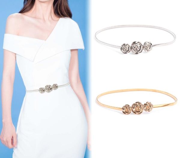 

flower shape ladies dress belt silver gold elastic women belt stretch skinny chain female waist cinturon elastico mujer, Black;brown