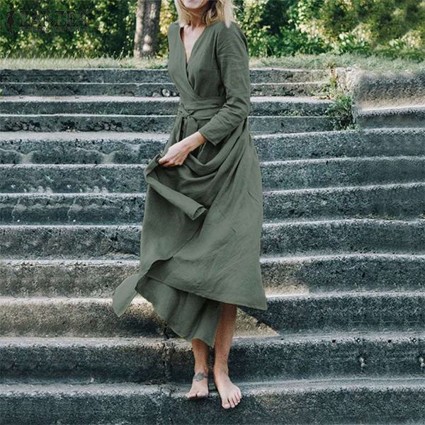 

2020 zanzea fashion women midi dress autumn long sleeve solid lace up vestidos casual cotton v neck high split robe party dress, Black;gray