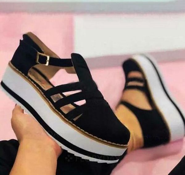 

summer women's sandals platform buckle large size side hollow solid color shoes, Black