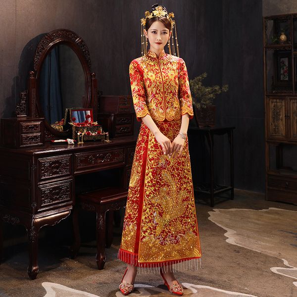 

ethnic clothing xiuhe red chinese wedding dress female cheongsam gold slim traditional women qipao for party