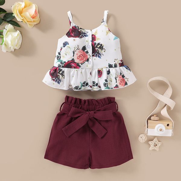

toddler baby girls sleeveless floral print suspender vest +shorts outfits, Pink;blue