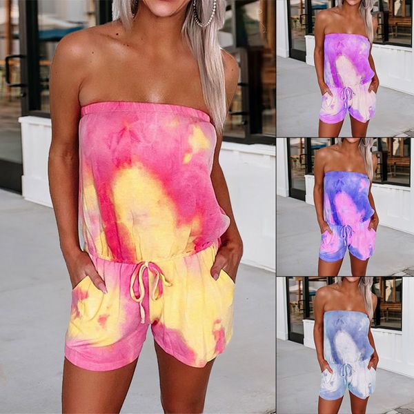 

colorful tie dye summer bodycon playsuit women off the shoulder backless party romper casual strapless sleeveless sash bodysuit, Black;white