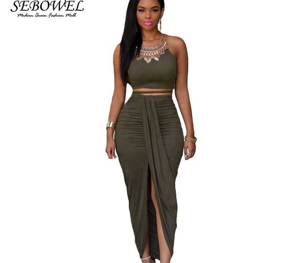 

sebowel 2020 two piece skirt set female maxi party club high split draped pleated crop + long skirts summer women outfits t200528, Gray