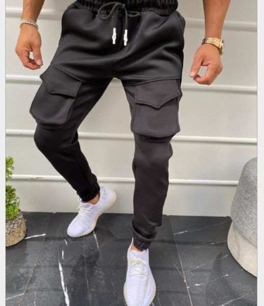 

pockets drawstring mens cargo pants solid color casual loose men pencil pant high street fashionable trousers, Black